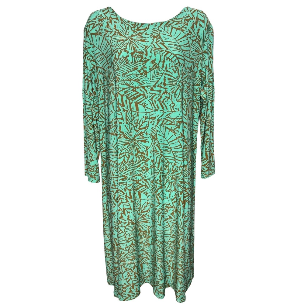 Vintage Iolani Hawaii Womens Aqua Brown Batik Floral Leaf Print Midi Dress Sz XL